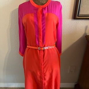 Colorblock Belted Dress - Pink and Orange